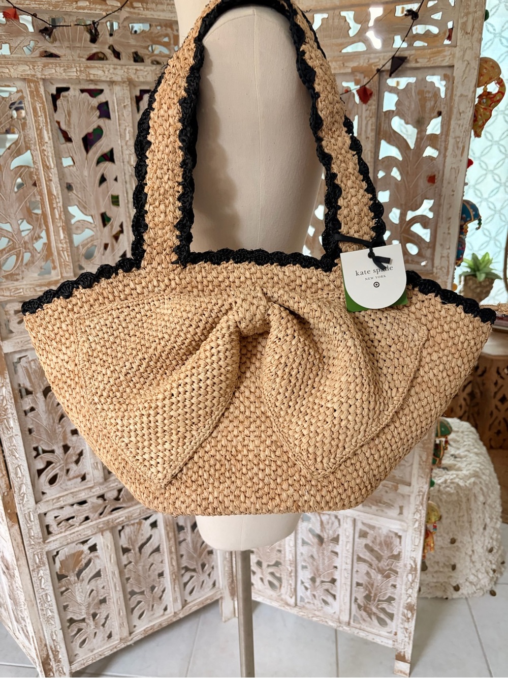 kate spade Natural Straw Shoulder Tote with Black Trim - Picture 2 of 5